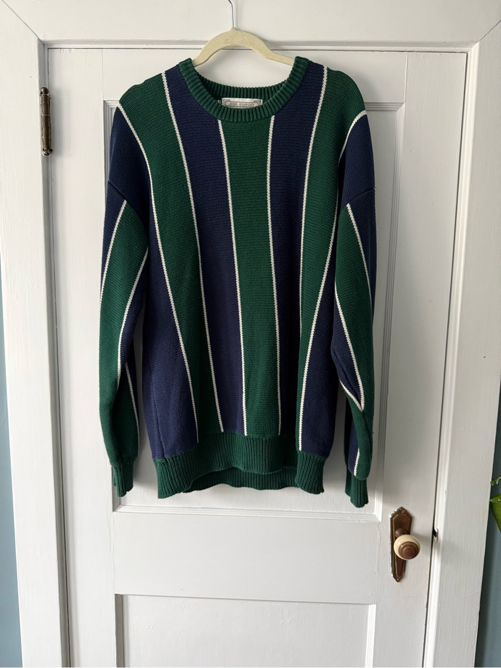 Mens Green & Navy Striped Knit Sweater